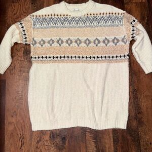 American Eagle Outfitters Cream and Gray Patterned Crewneck Sweater Dress